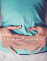 Person holding their stomach with text overlay about self-care ebook on gut health.